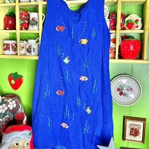 Vintage whimsical Mrs. Frizzle ocean embroidered fish novelty pattern midi dress